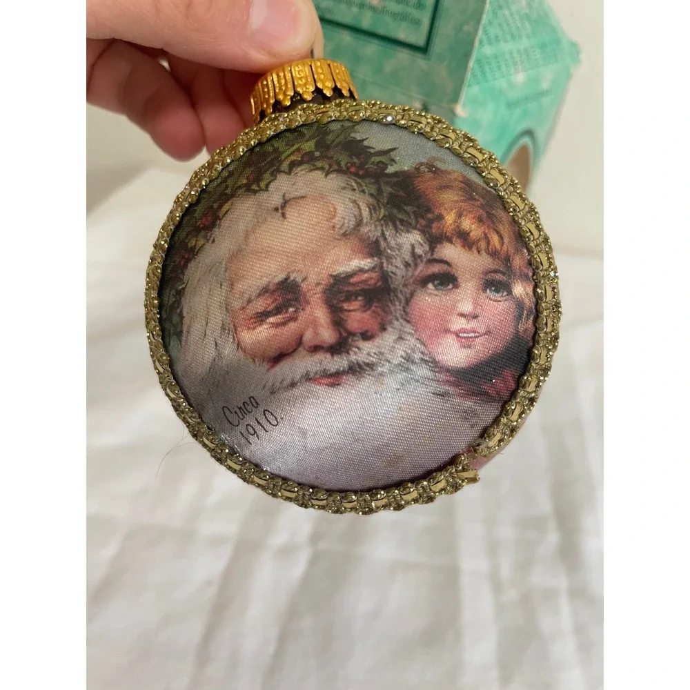 VTG Christmas by Krebs Ornament 1992 Santa on Silk Red Gold Glass Ball USA